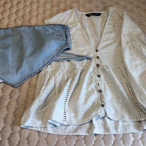 ZARA Cotton Linen Peplum Blouse Small Blue Stripe Button Front Boho Top